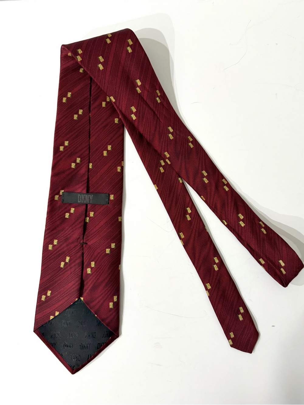 DKNY Burgundy Tan Geometric Print Silk Tie